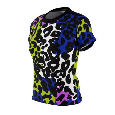 Color Block Leopard Print Women's Crewneck Tee in Techno